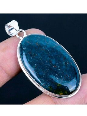 Blue Bloodstone Gemstone 925 Sterling Silver Handmade Pendant Necklace